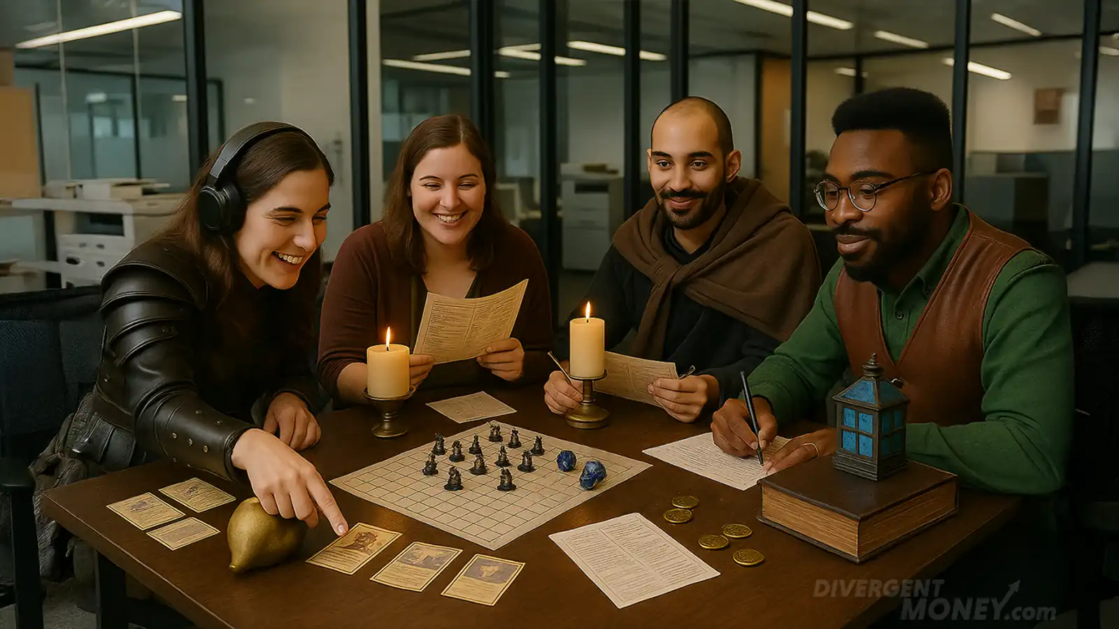 A diverse group of four adults dressed in fantasy-themed costumes sit around a tabletop Dungeons & Dragons game in a modern office setting. One player wears headphones and leather armor, pointing to a game board with miniature figures and gold coins. Candles, papers, and dice are scattered across the table. Glass-walled offices and a WeWork-style environment are visible in the background.