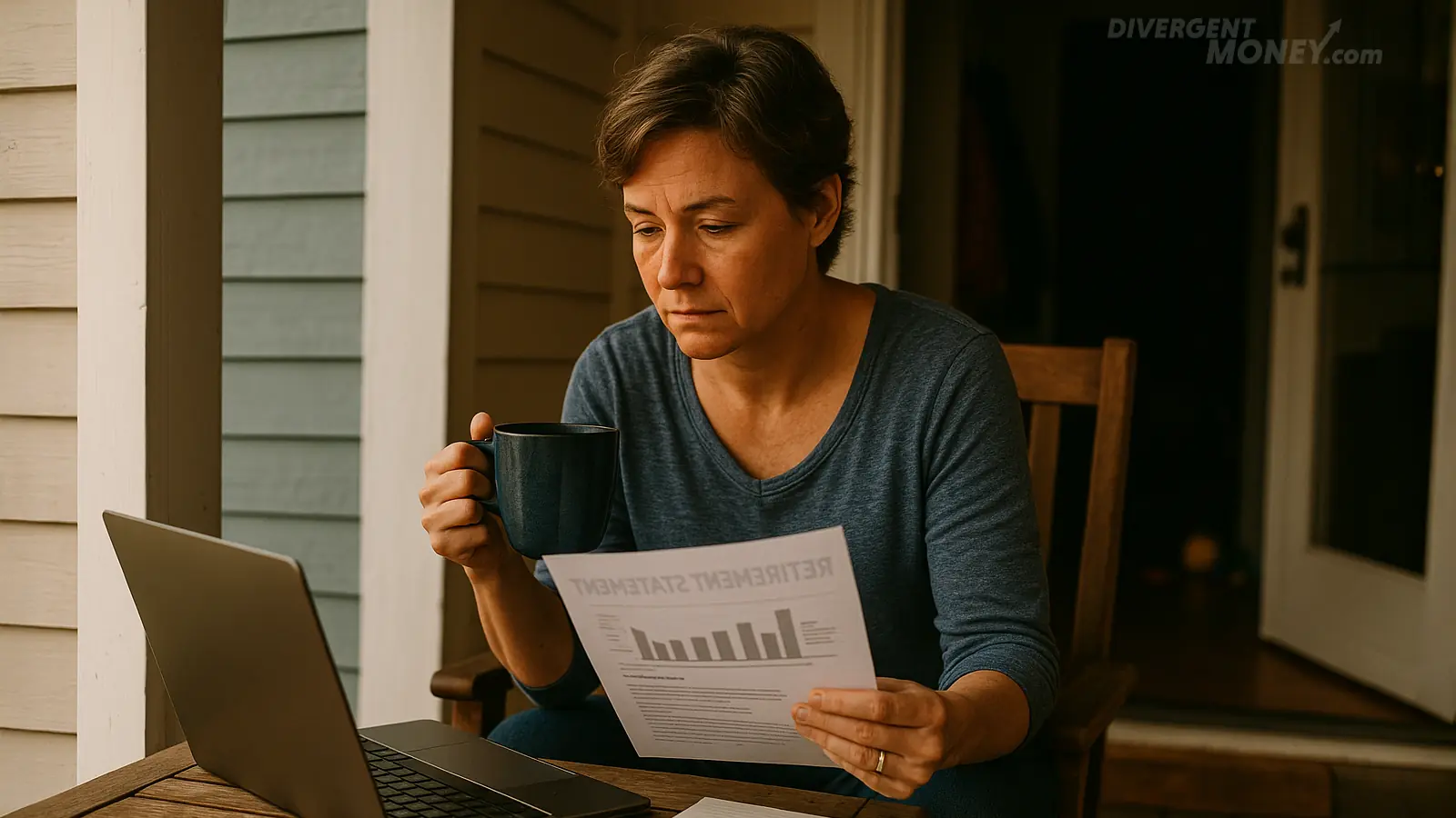 A MIDDLE-AGED FEMALE CAREGIVER SITTING AT A TABLE, A LAPTOP AND COFFEE CUP IN FRONT OF HER, GAZING OUTSIDE THROUGH A WINDOW WITH A LOOK OF CALM DETERMINATION.
