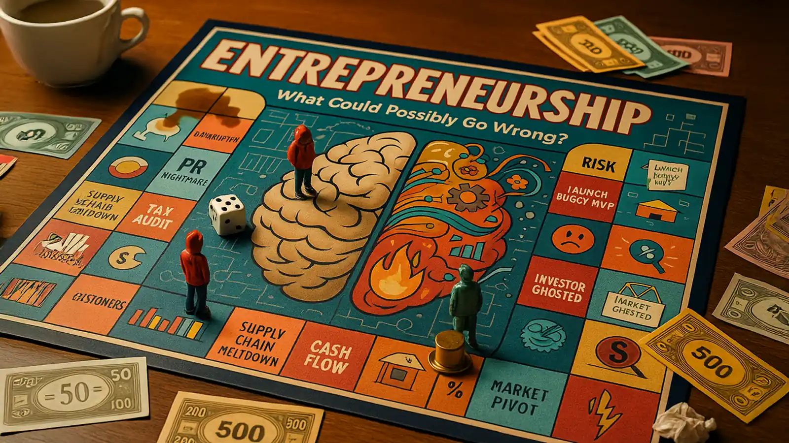 A photoreal board game titled âEntrepreneurship: What Could Possibly Go Wrong?â shows player tokens, fake money, and chaos tiles like PR Nightmare, Tax Audit, and Supply Chain Meltdown.