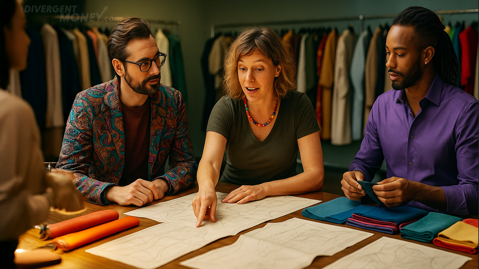 An entrepreneurial designer reviews couture patterns at a well-lit table. The woman in the center gestures as the man in paisley looks on, and a colleague in purple examines colorful fabric bolts.