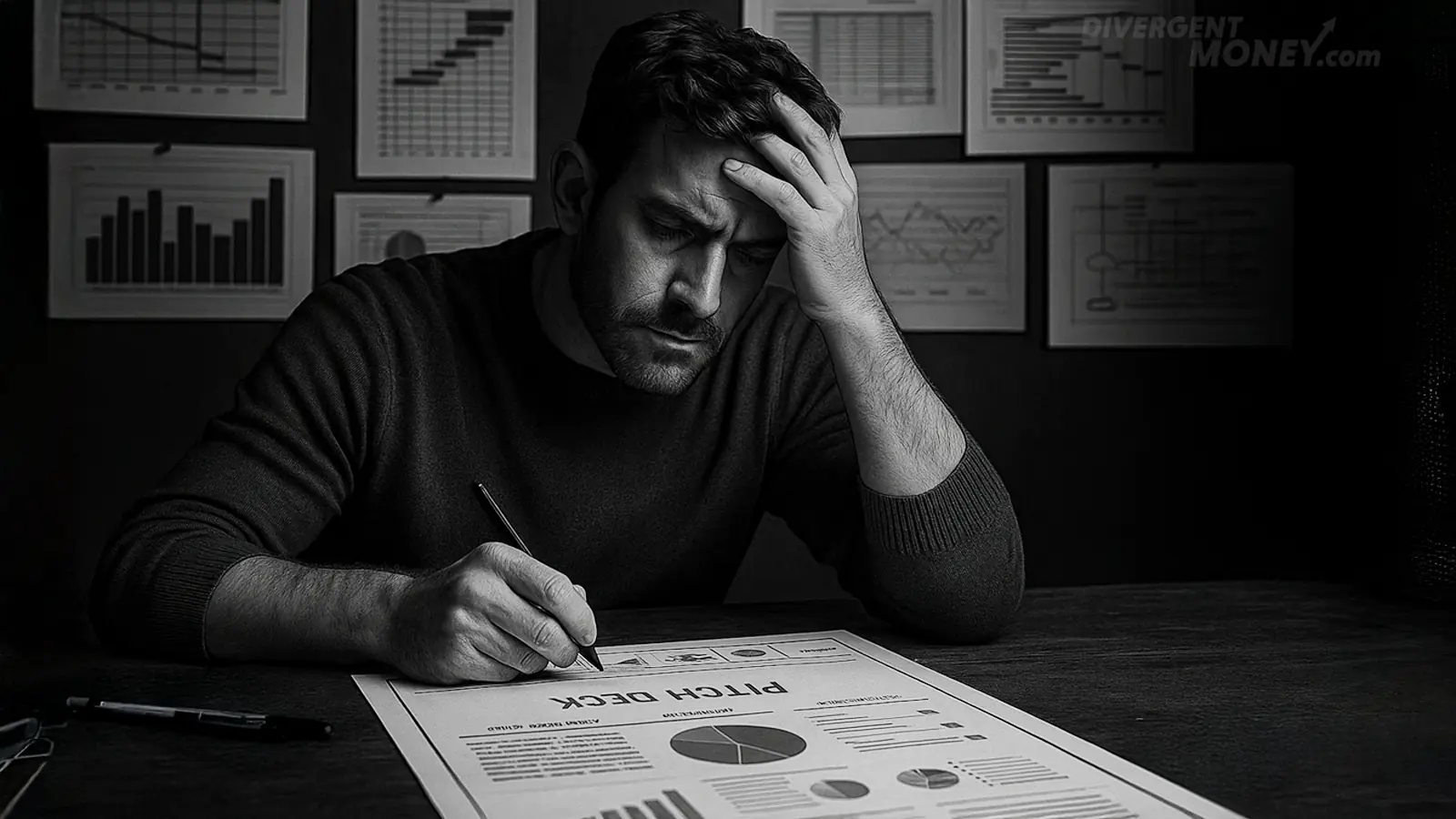 Black-and-white photo of a focused entrepreneur working on a pitch deck at a cluttered desk, surrounded by pinned Gantt charts and graphs, lit with dramatic studio lighting.