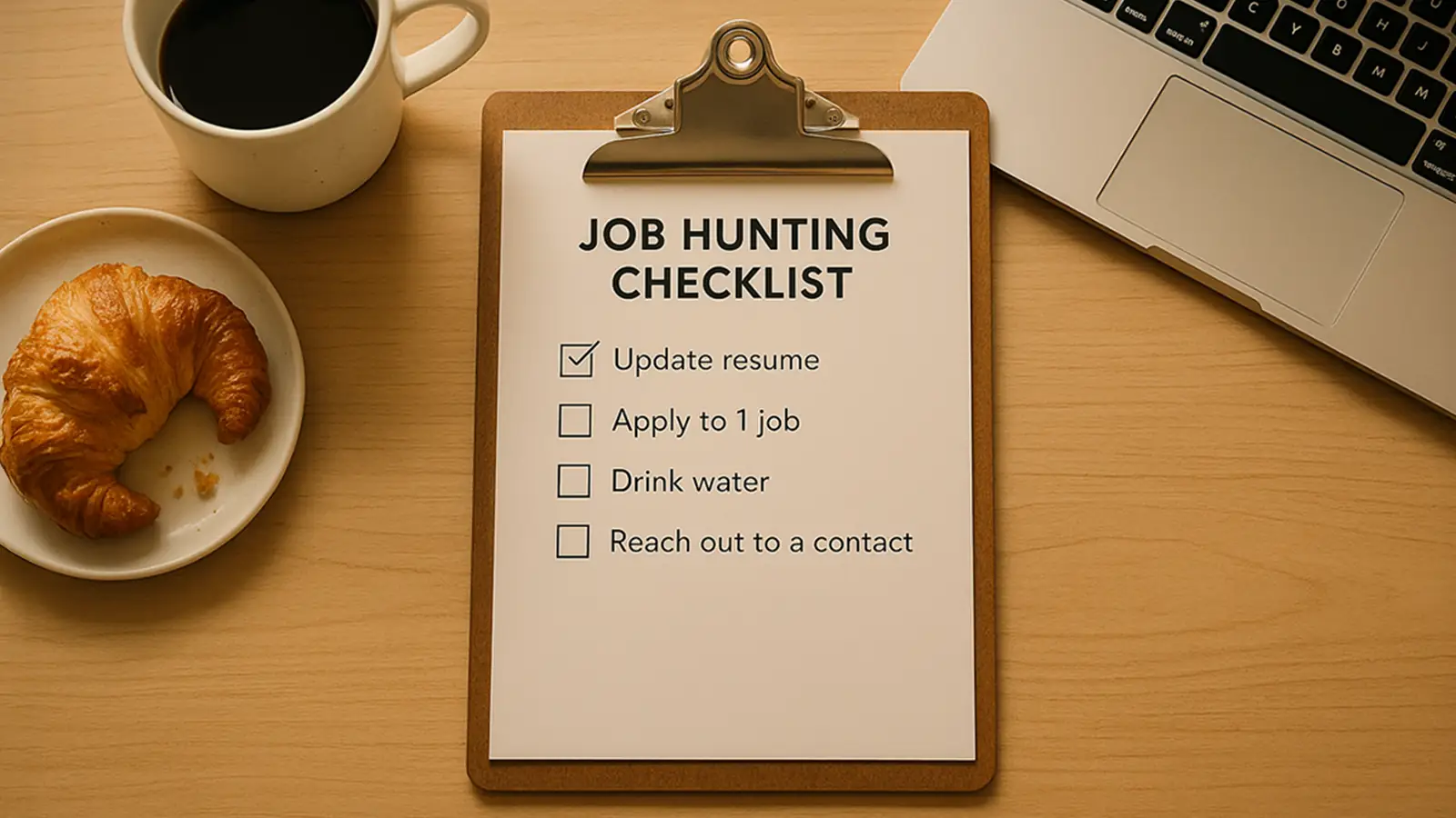 Clipboard with a job hunting checklist, coffee, and half-eaten croissant on a desk beside a laptop, one task checked off.