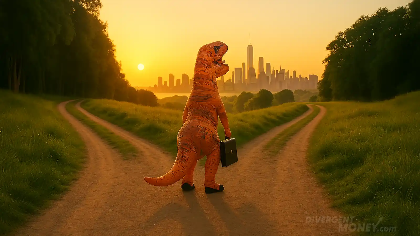 A person in a dinosaur costume with a briefcase stands at a fork in the road looking out on the city.