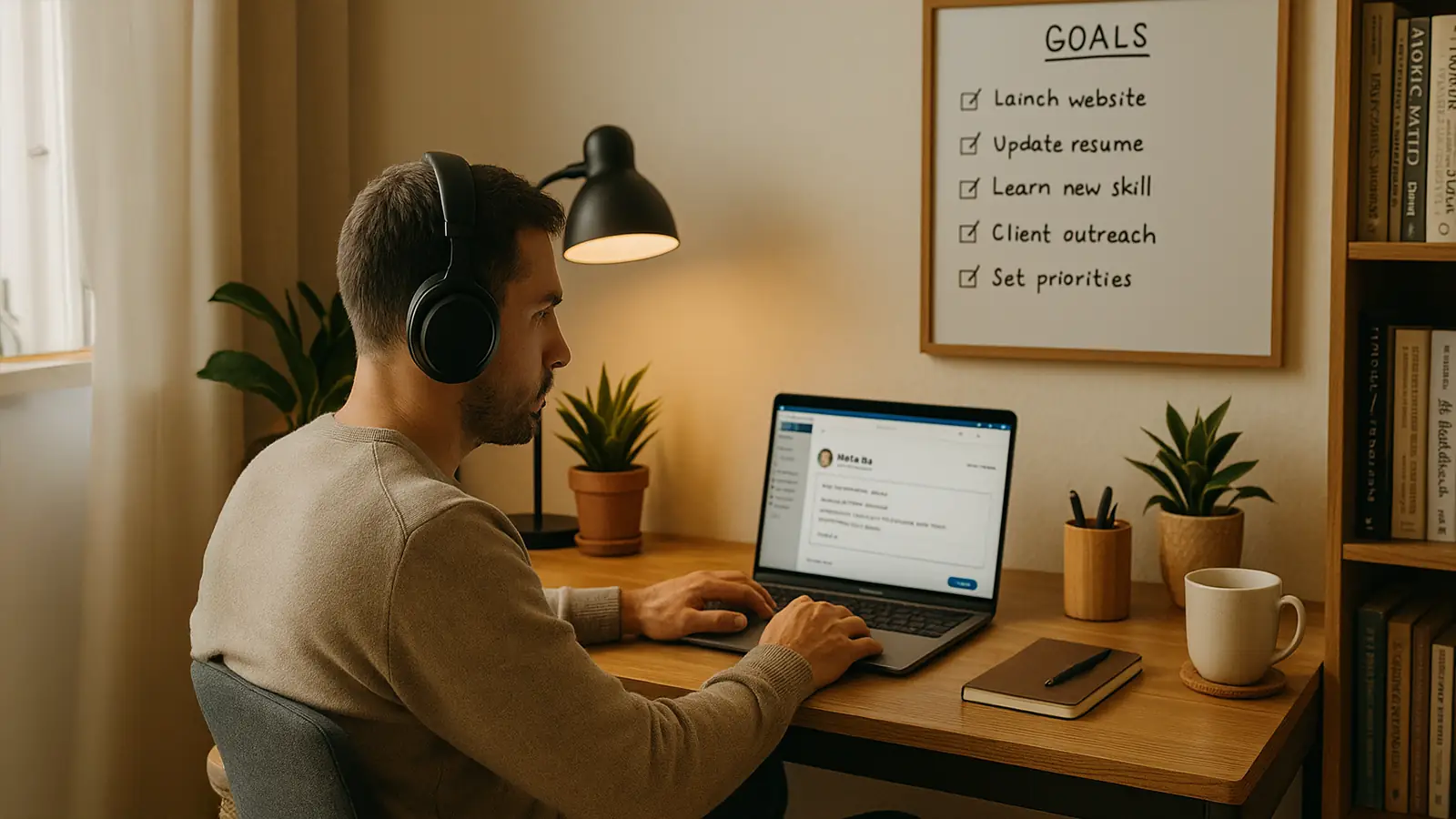 Man wearing headphones at a cozy home office desk, messaging on LinkedIn with a whiteboard of job hunt goals in the background.