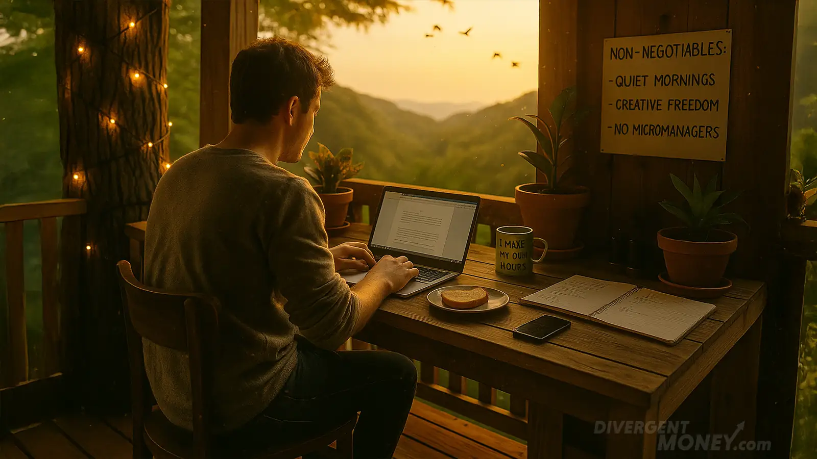 A man in a secluded treehouse, a perfect set up to work, types on a computer with his morning breakfast at hand.