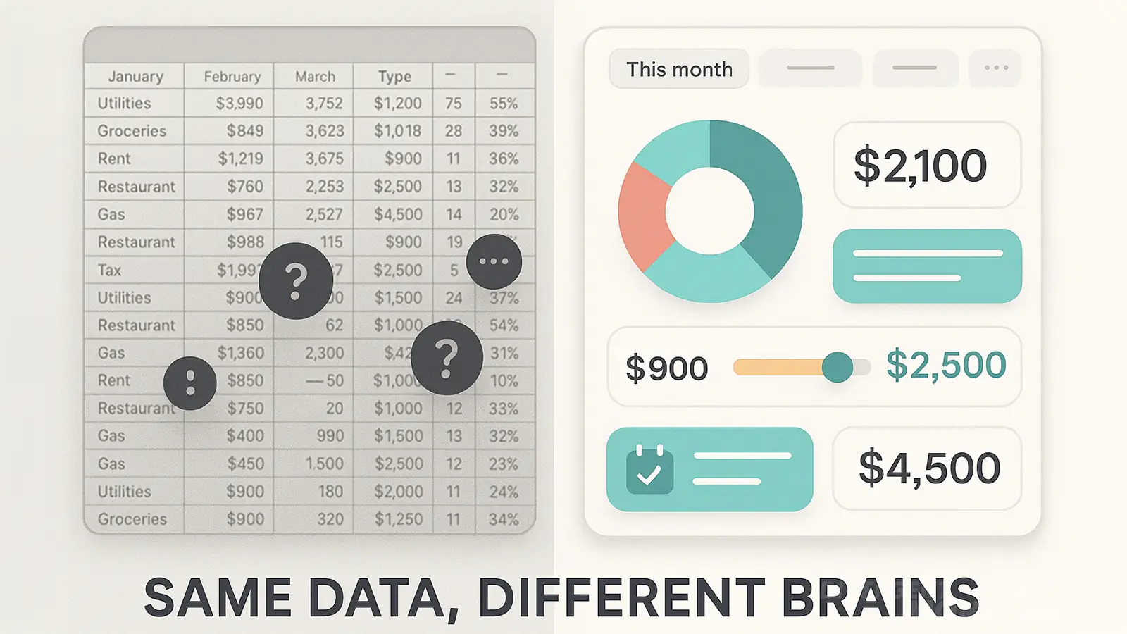 Side-by-side comparison of a financial spreadsheet and a colorful budgeting dashboard, captioned “Same Data, Different Brains”—highlighting visual finance preferences.
