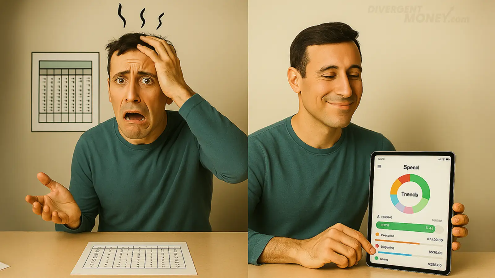 Split image: man overwhelmed by a budgeting spreadsheet on the left, calm on the right while using a visual financial dashboard on a tablet labeled “Spend – Trends.”
