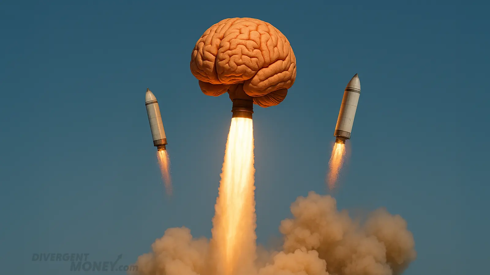 Brain shaped rocket lifting off with the help of boosters representing small wins.