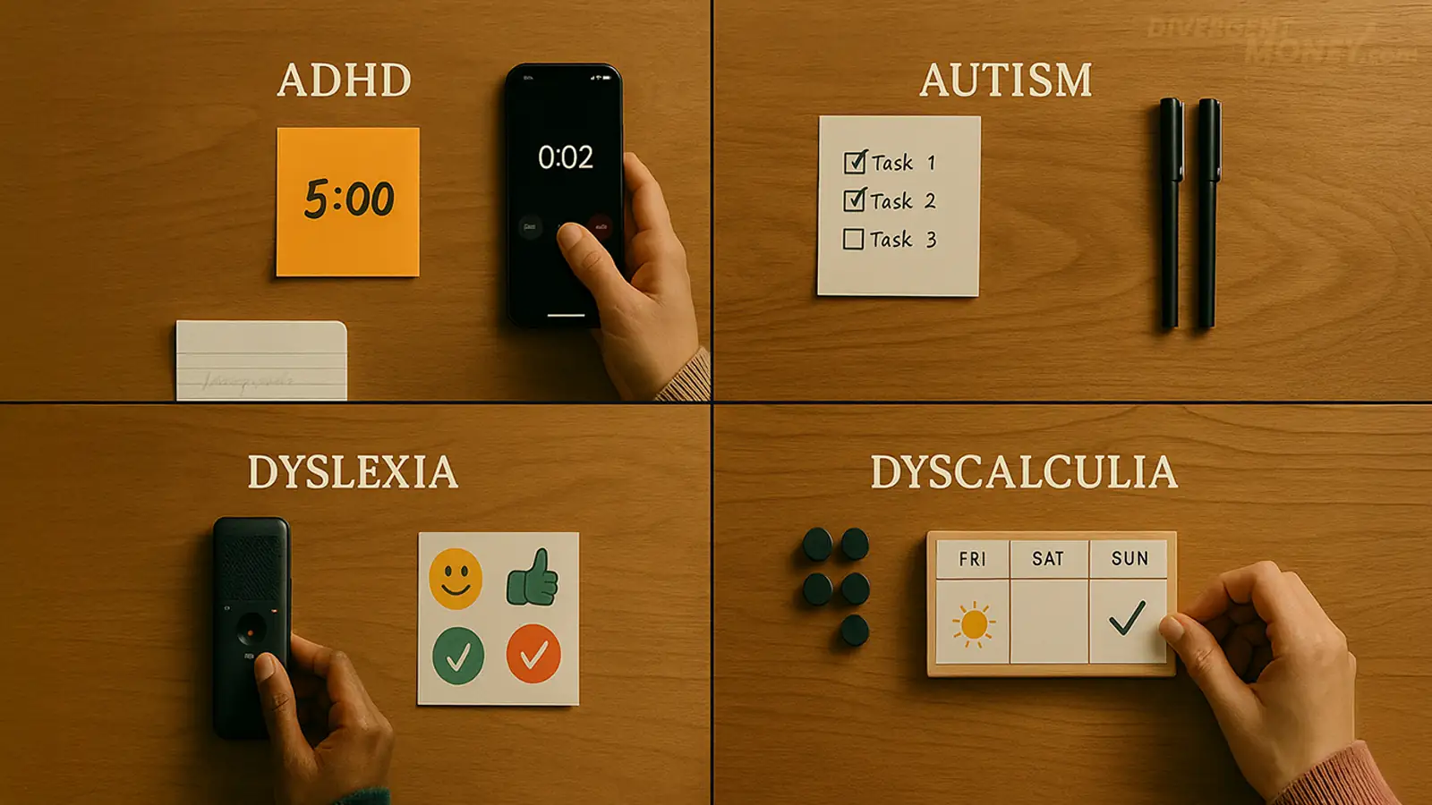 A 4-quadrant visual showing tailored productivity tools for ADHD, Autism, Dyslexia, and Dyscalculia on a wooden surface, each with hands using timers, checklists, icons, and visual calendars.