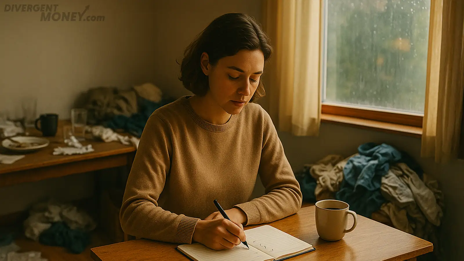 Woman journaling at a tidy desk in a cluttered room, showing focus and control through small wins in a low-energy environment—visual metaphor for ADHD and executive dysfunction progress.