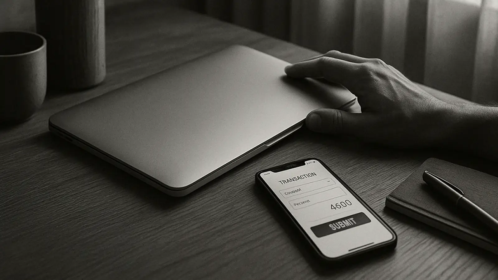 Example of "After I close my laptop, I’ll log one transaction." A closed laptop and an open finance app on a desk.