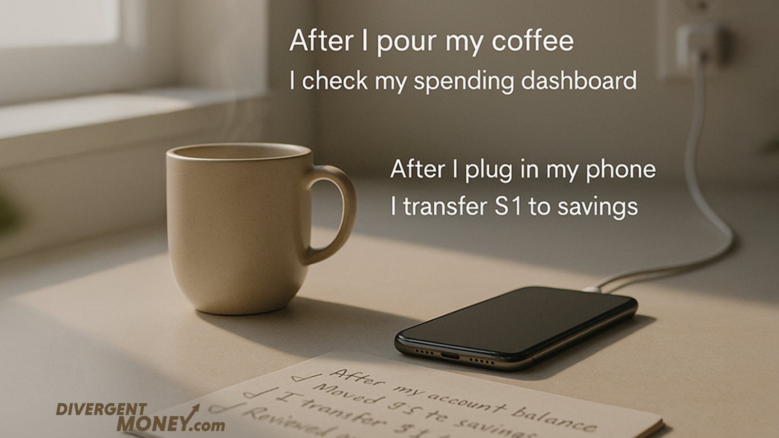 A SIMPLE KITCHEN COUNTER SCENE—COFFEE MUG + PHONE—WITH FLOATING TEXT SHOWING A TINY HABIT FLOW