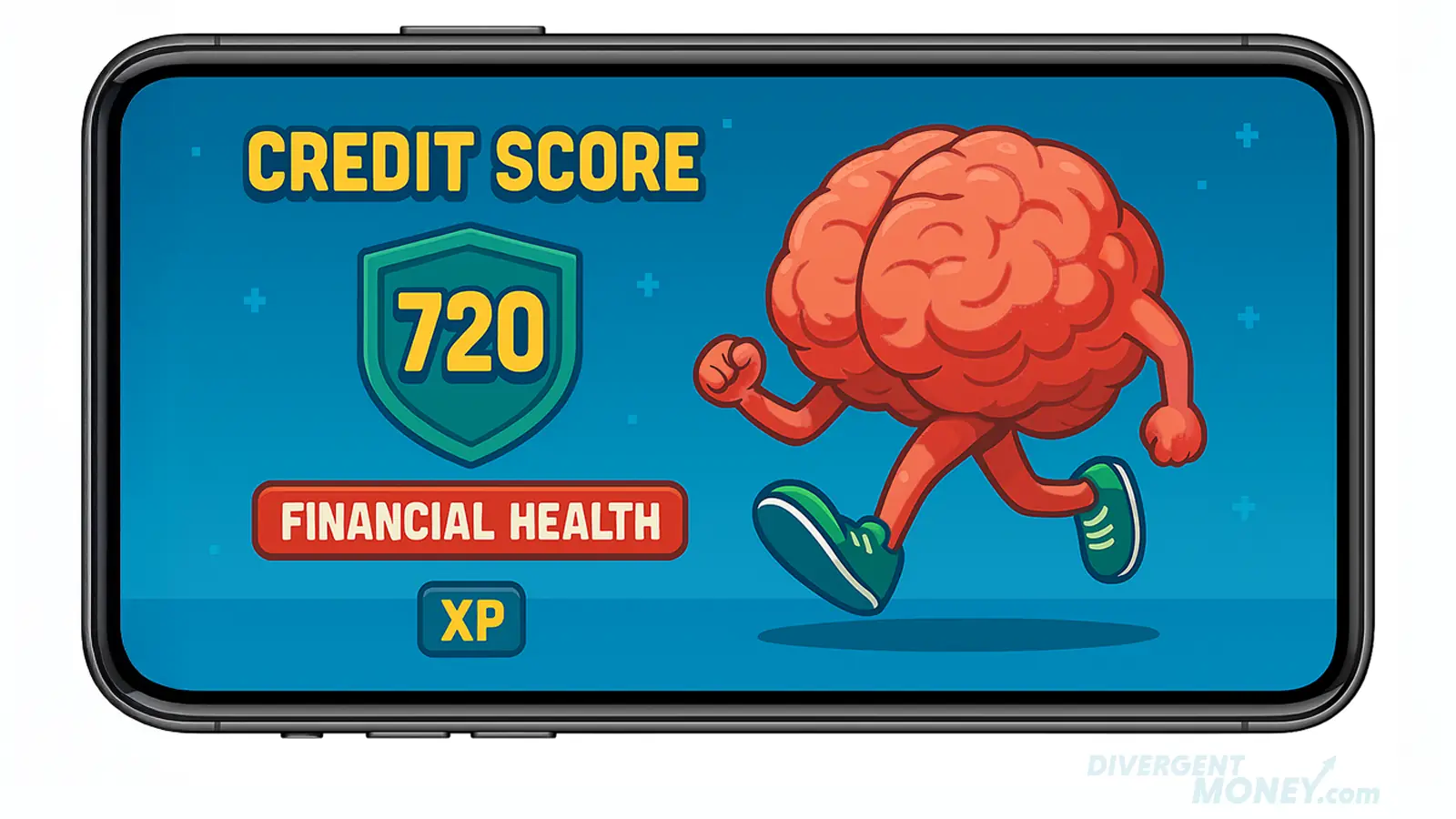 ADHD-friendly visual of financial progress as a video game credit score level-up.
