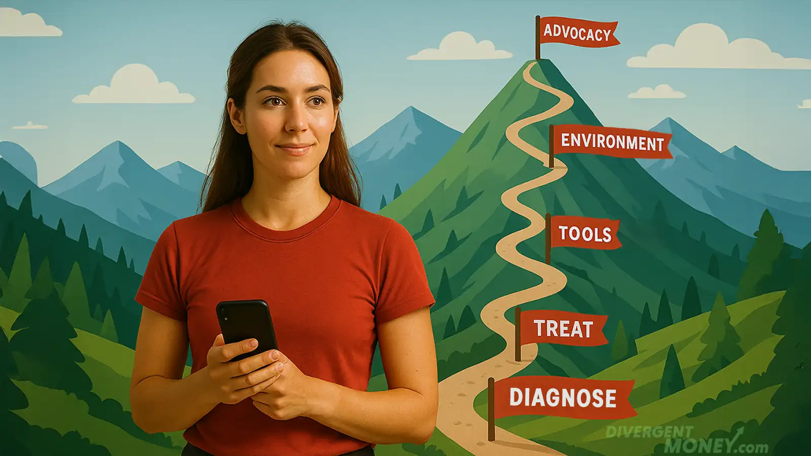 ADHD success journey illustrated as a mountain path with five support milestones.