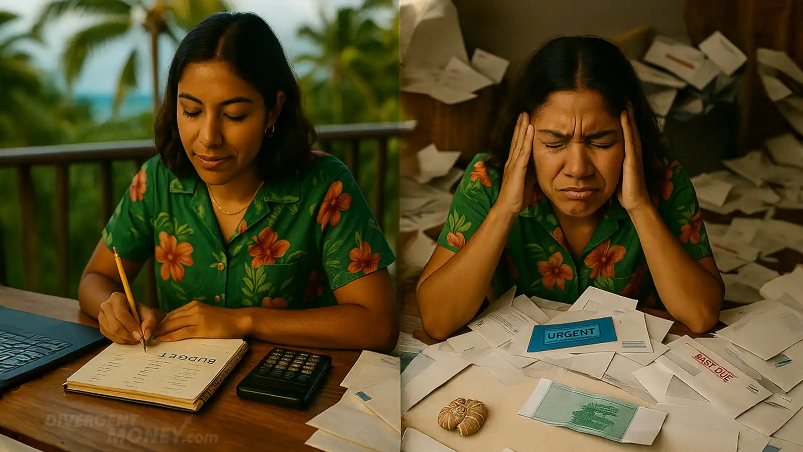A woman managing money with energy cycles, showing both high-focus and low-focus states.