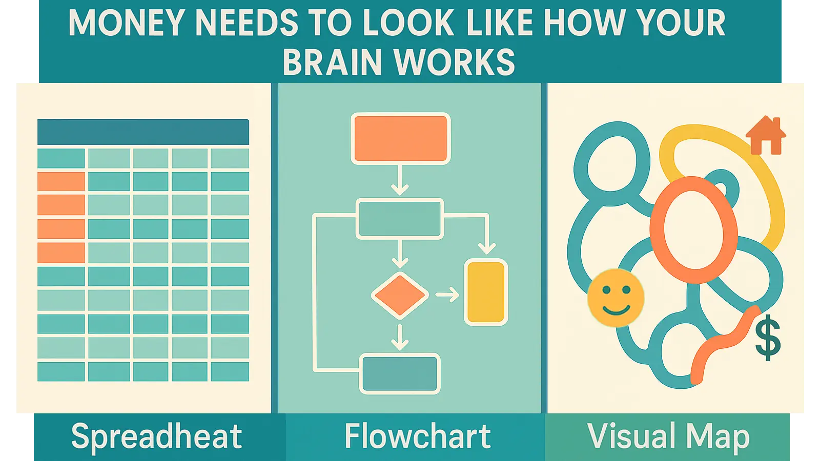 3-PANEL COMPARISON OF THINKING STYLES — CLASSIC SPREADSHEET VS FLOWCHART VS VISUAL MAP. USE ND-FRIENDLY COLORS. TITLE: “MONEY NEEDS TO LOOK LIKE HOW YOUR BRAIN WORKS