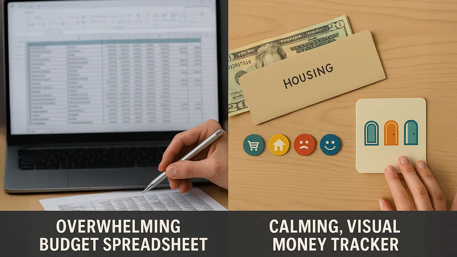LEFT: AN OVERWHELMING BUDGET SPREADSHEET, RIGHT: A CALMING, VISUAL MONEY TRACKER USING ICONS AND EMOTIONS