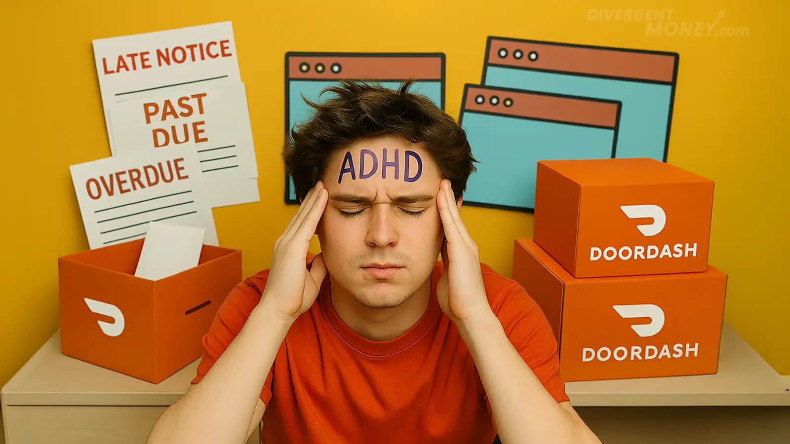 N ADHD BRAIN UNDER STRESS, SURROUNDED BY OVERDUE BILLS, DOORDASH BOXES, AND OPEN TABS.