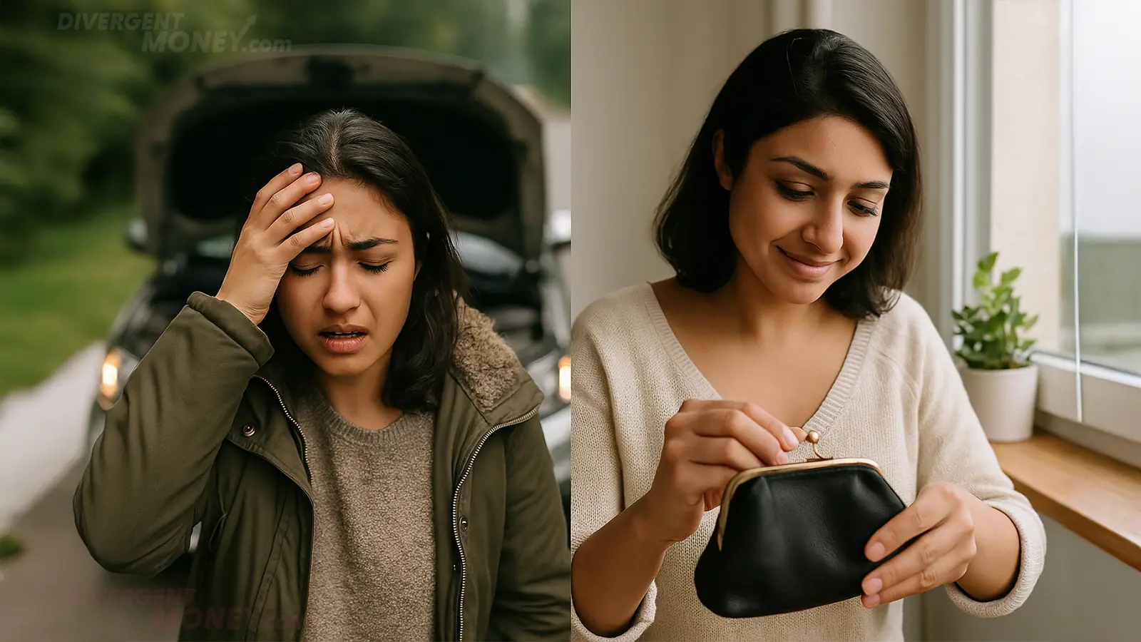 LEFT SIDE SHOWS A PANICKED PERSON AT A BROKEN-DOWN CAR, RIGHT SIDE SHOWS THEM CALMLY TAPPING INTO THEIR EMERGENCY FUND