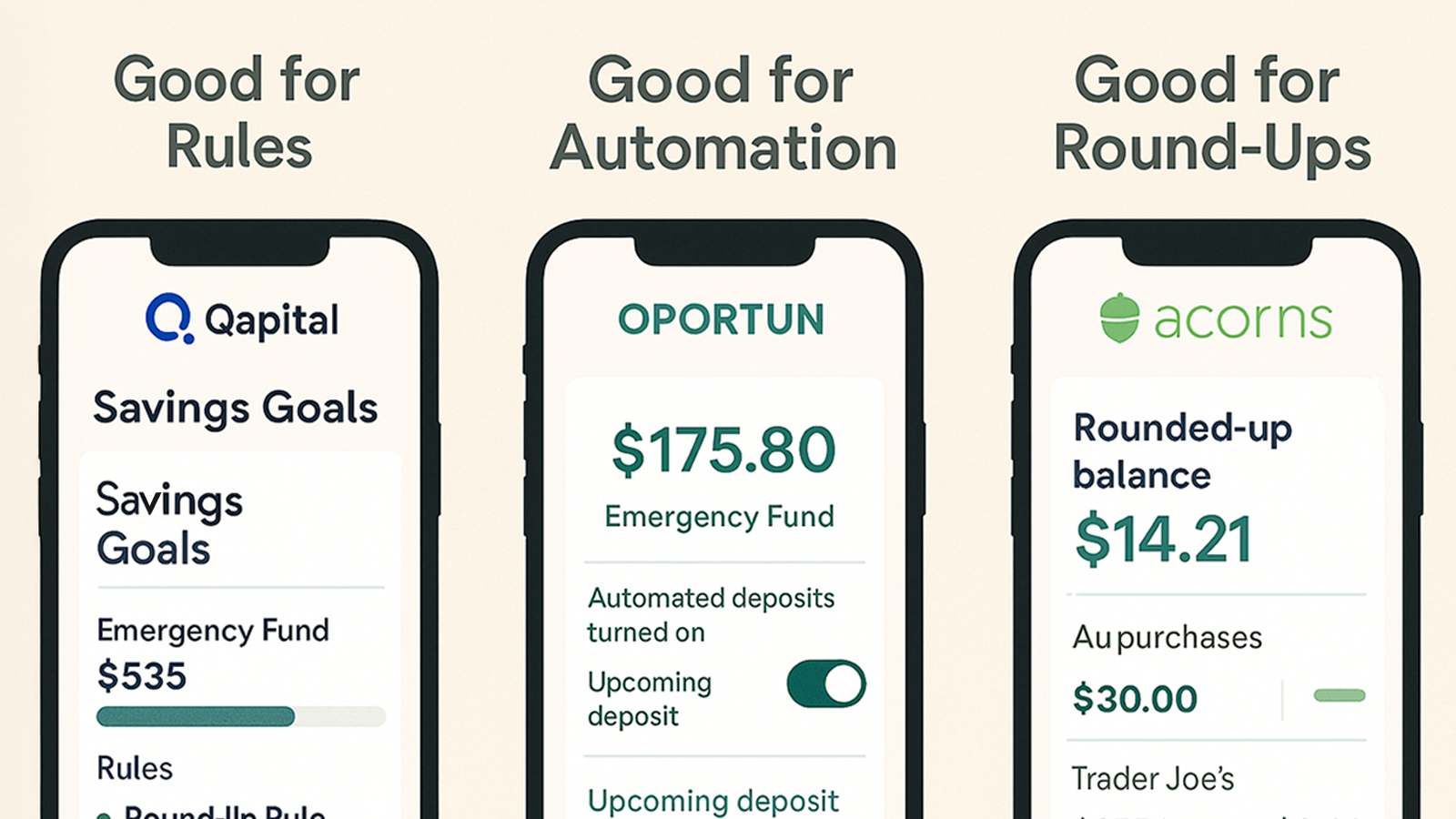 DIFFERENT SAVINGS APP INTERFACES (QAPITAL, OPORTUN, ACORNS), WITH LABELS “GOOD FOR RULES,” “GOOD FOR AUTOMATION,” "Good for Round-Ups"