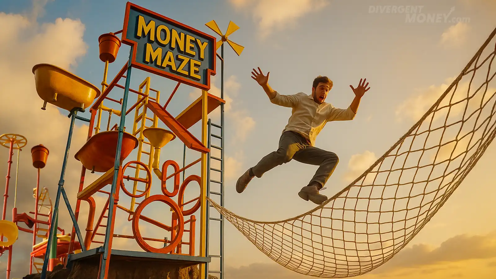 A SAFETY NET MADE OF COLORFUL STRINGS, catching A PERSON WHO JUST FELL OUT OF A “MONEY MAZE.”
