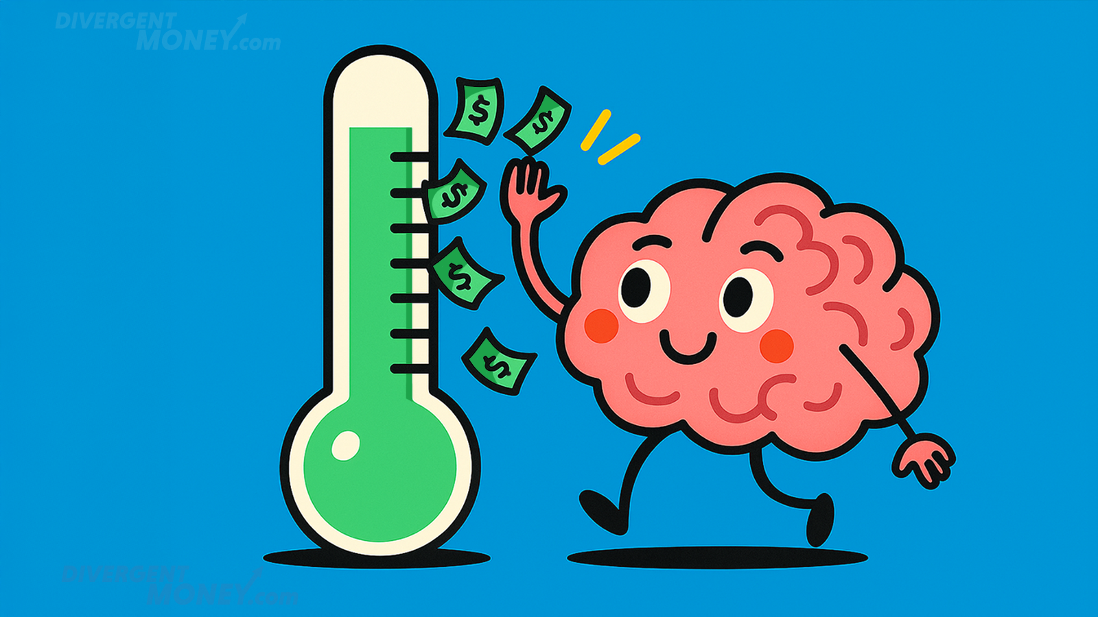 PLAYFUL GRAPHIC OF A SAVINGS THERMOMETER RISING AS A CARTOON BRAIN HIGH-FIVES