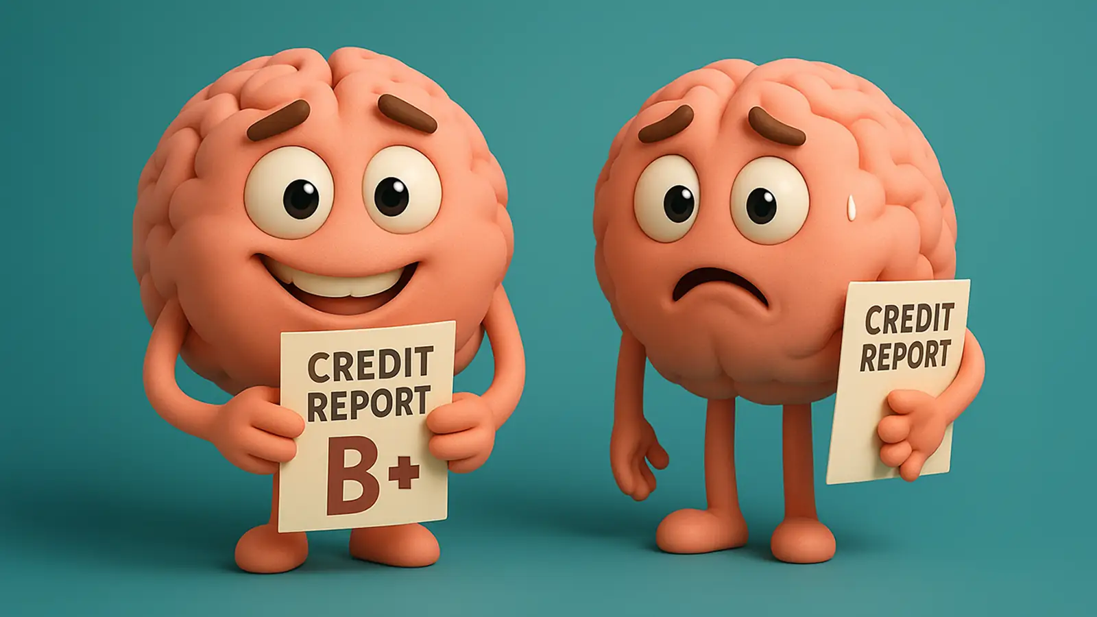 3D cartoon brains, one with a decent credit score report of B+ the other is nervous about showing their report.