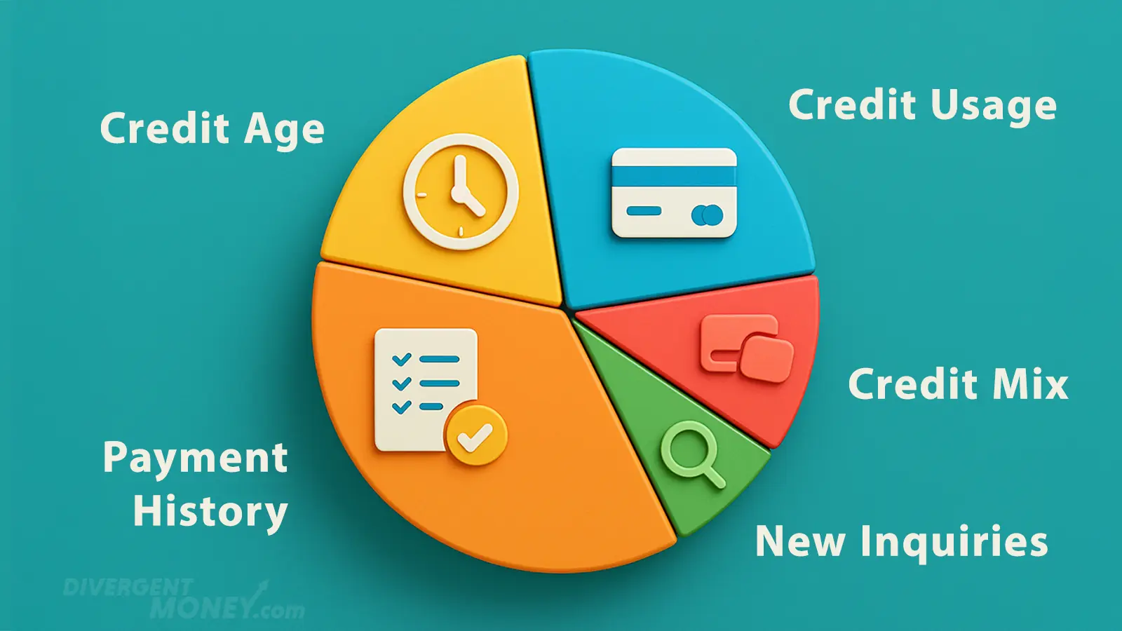 A pie chart break down of what impacts credit scores.