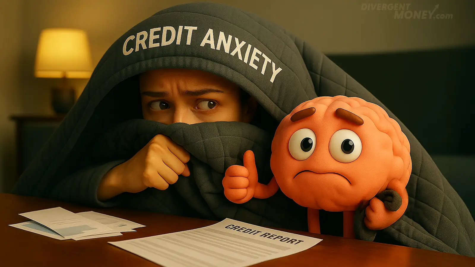 A woman and her brain hide from her credit score.