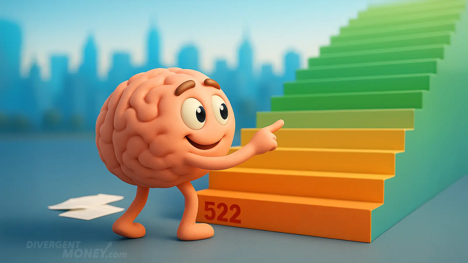 A brain at the base of a long flight of stairs ready to climb the credit score staircase