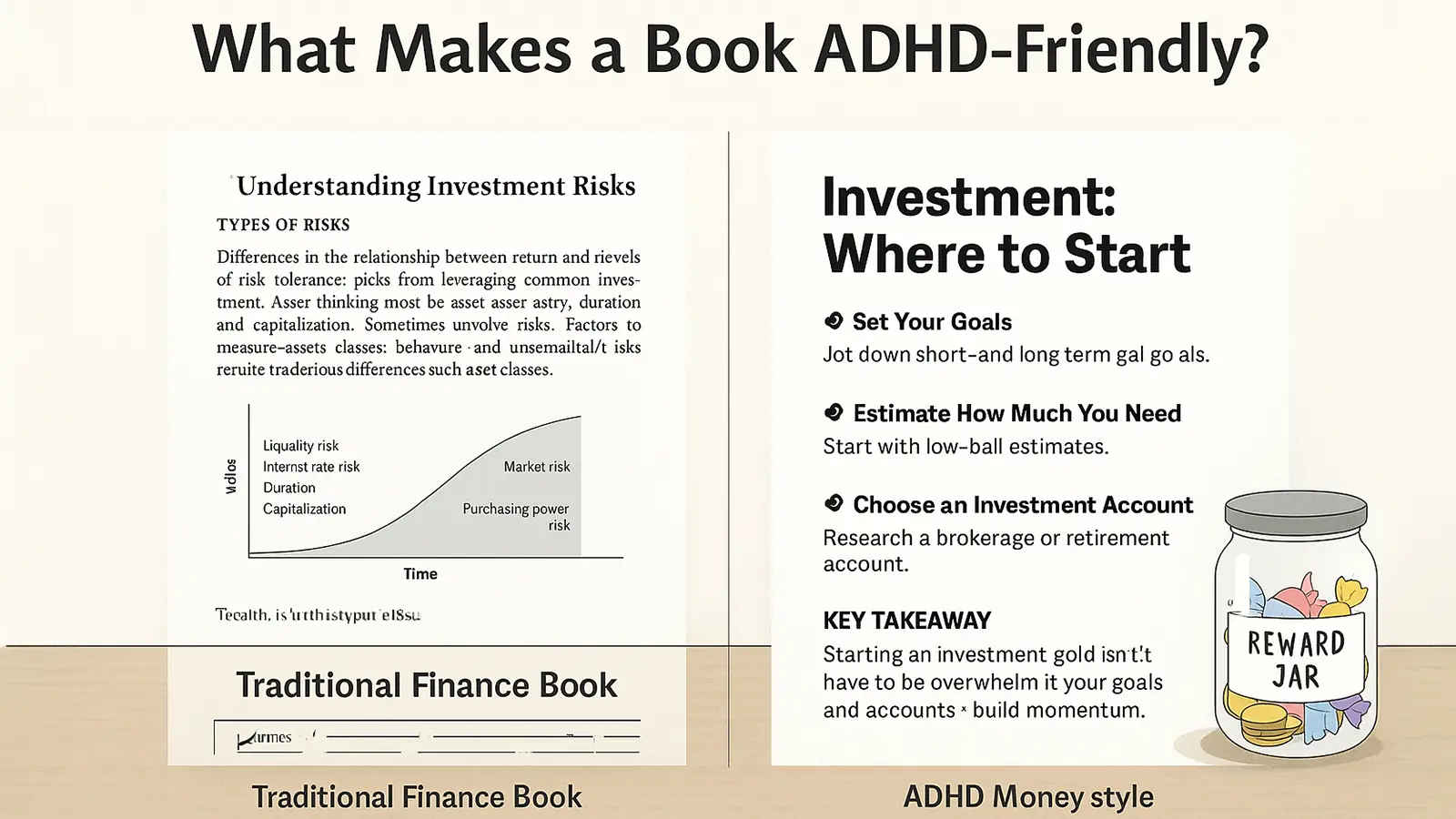 Traditional finance book with dense text and charts. On the right, ADHD Money style page with bold headings, action steps, and white space.