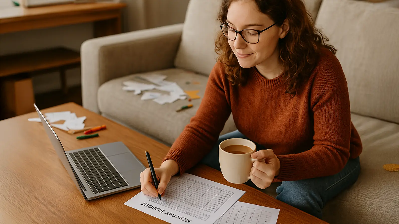 A NEURODIVERGENT ADULT DOING A WEEKLY MONEY CHECK-IN WITH A COZY TEA, LAPTOP, AND PAPER BUDGET PLAN â SAFE AND PEACEFUL VIBES