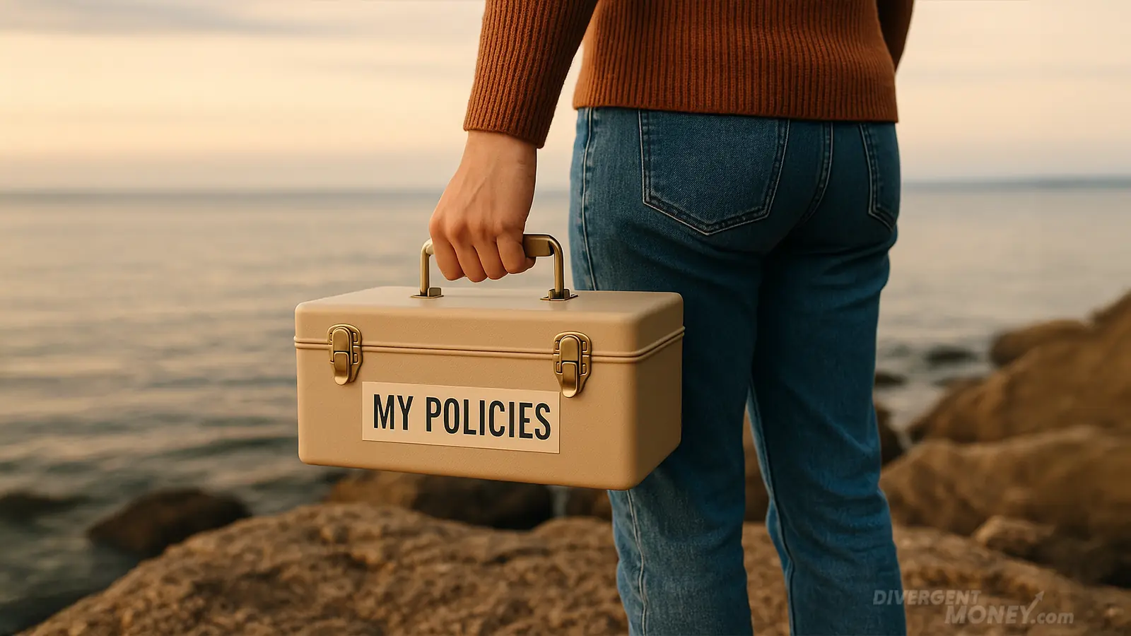 VISUAL METAPHOR OF A PERSON HOLDING A MONEY TOOLBOX LABELED âMY POLICIES,â STANDING ON A ROCKY SHORE WITH CALM WATERS AHEAD â STABILITY AND EMPOWERMENT