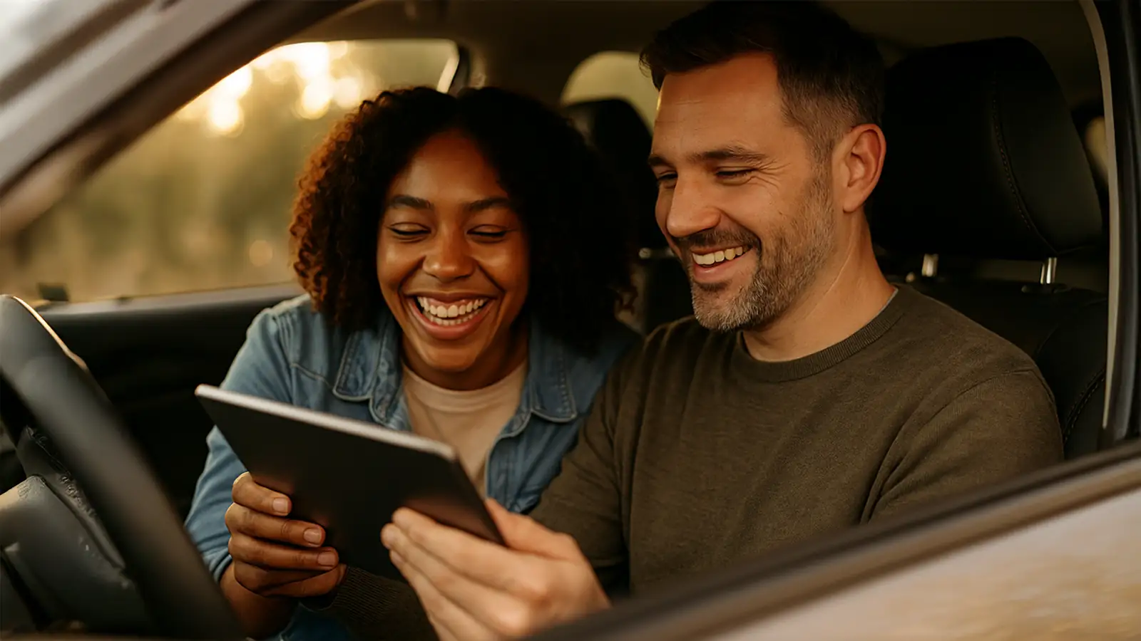 A COUPLE IN A PARKED CAR WITH A TABLET BETWEEN THEM, LAUGHS VISIBLE