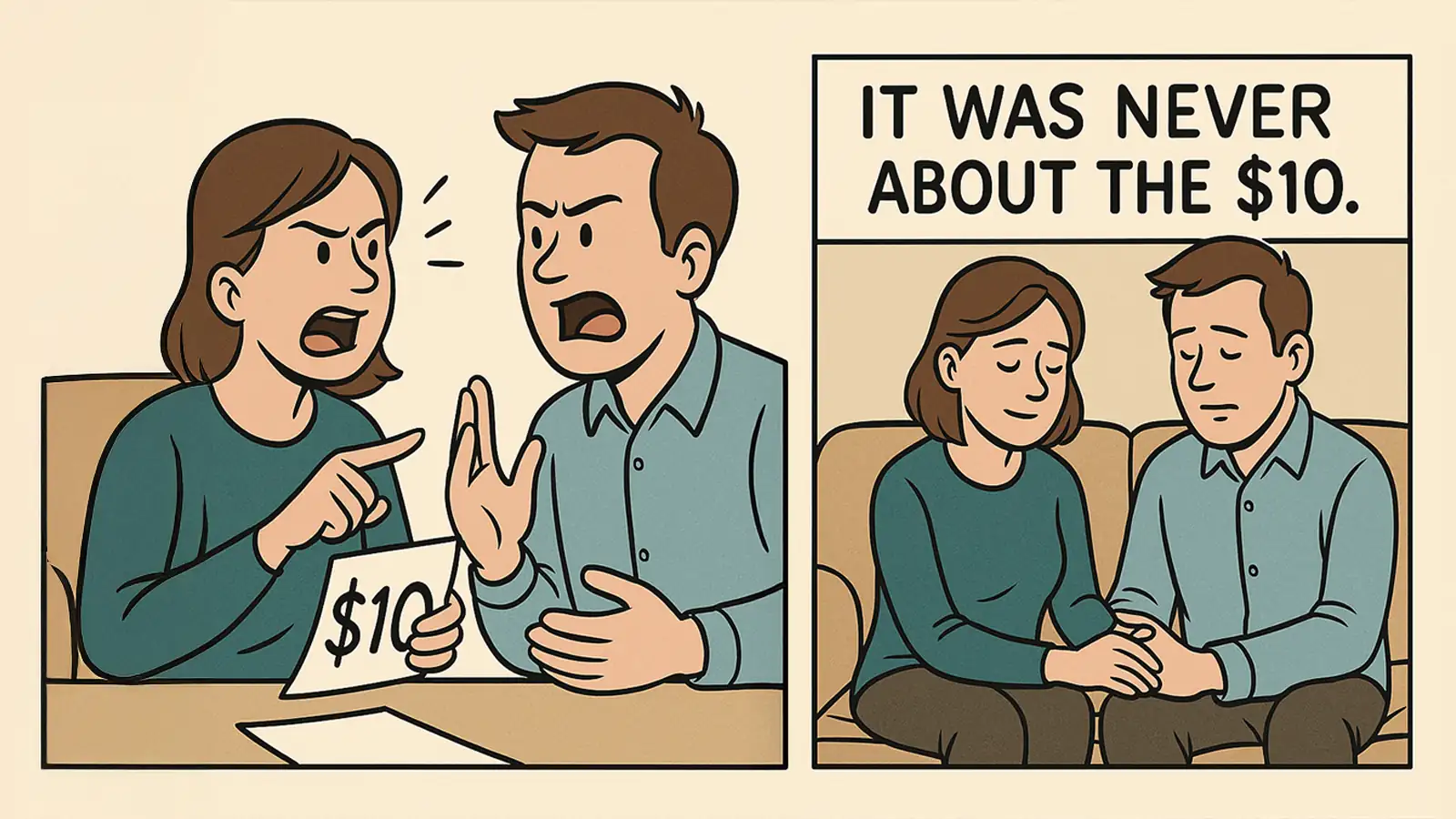 CARTOON PANEL SHOWING A COUPLE ARGUING OVER A $10 CHARGE, THEN SITTING ON THE COUCH HOLDING HANDS WITH A CAPTION: "IT WAS NEVER ABOUT THE $10."