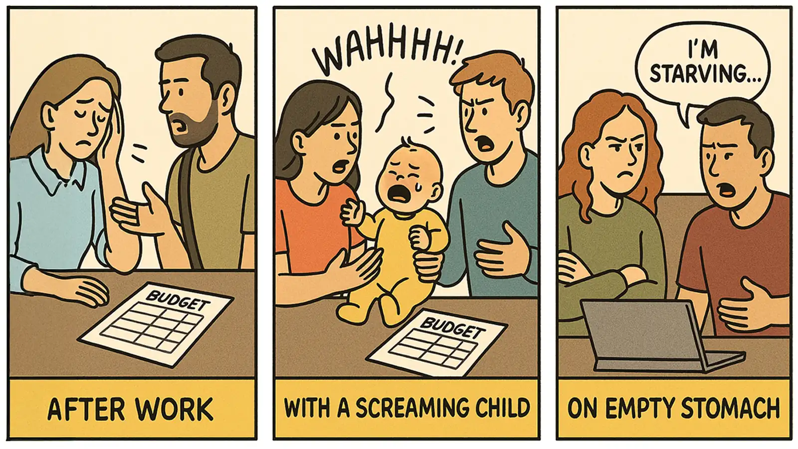 COMIC STRIP OF FAILED BUDGET TALKS IN BAD MOMENTS: "AFTER WORK," "WITH A SCREAMING CHILD," "ON EMPTY STOMACH"