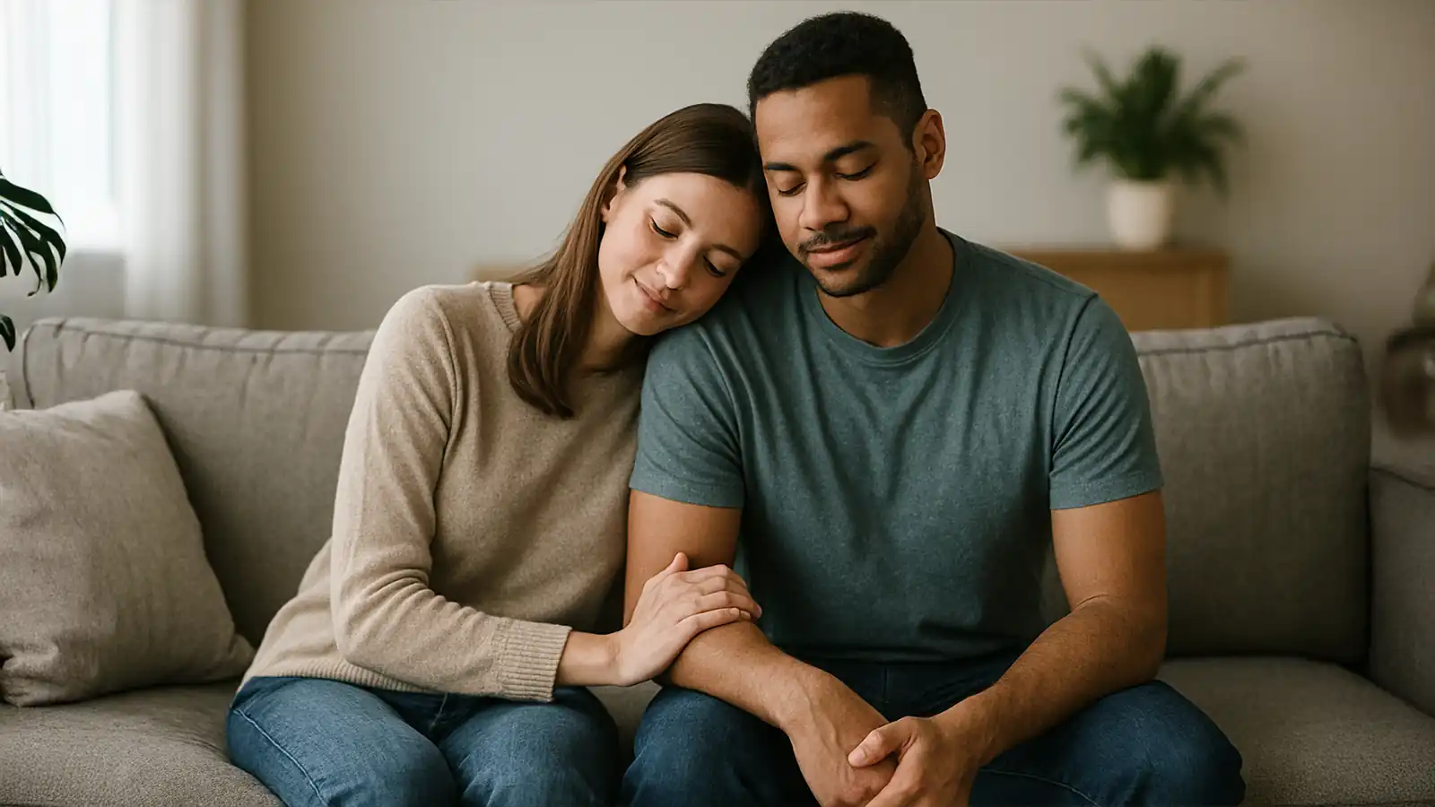 HANDWRITTEN QUOTE OVER AN IMAGE OF A COUPLE SITTING IN SILENCE, SIDE BY SIDE, PINKY FINGERS TOUCHING: “I LOVE YOU MORE THAN I FEAR THIS CONVERSATION.”