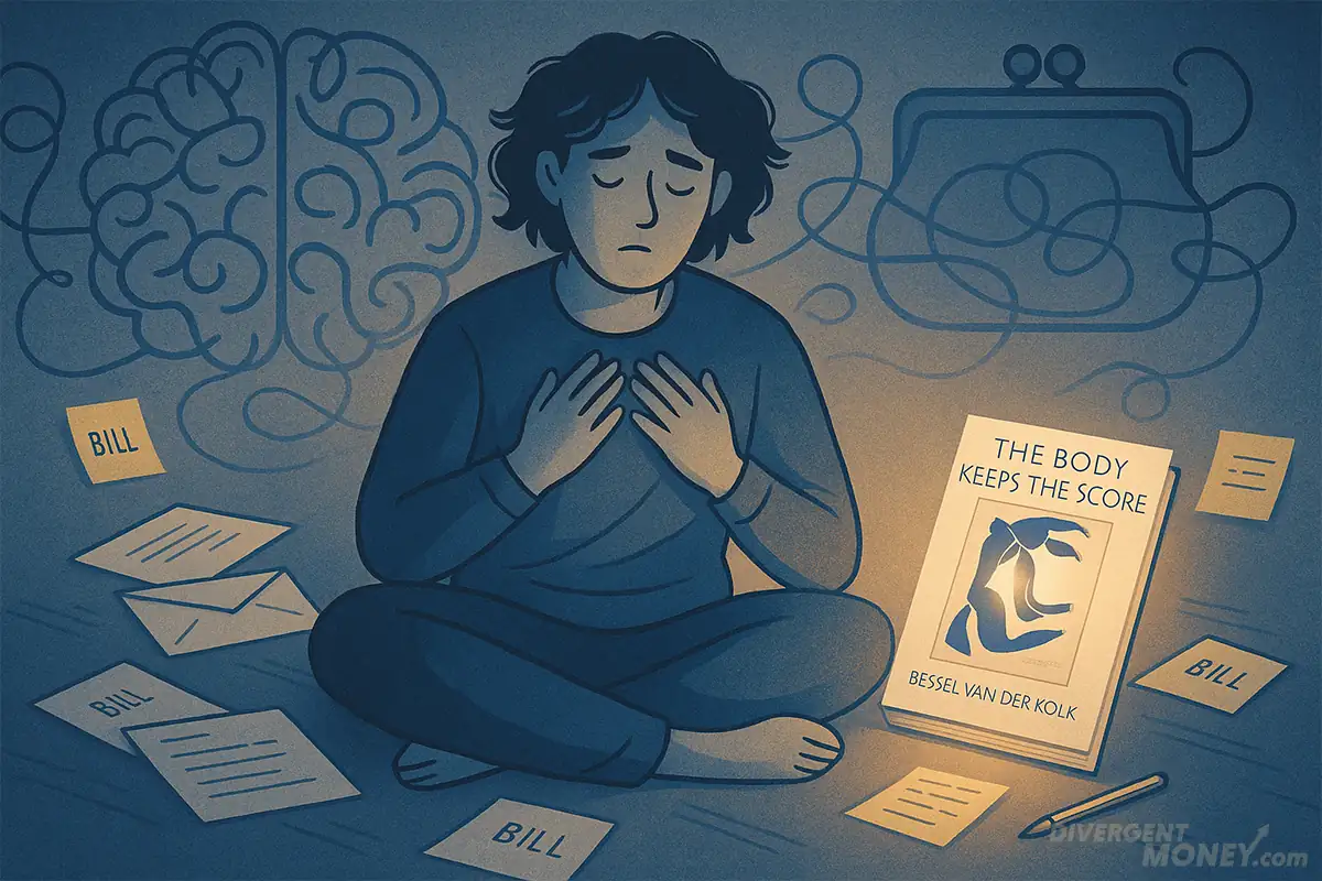 A person with trauma and financial stress sits amid paperwork and bills, processing emotions after reading The Body Keeps the Score.