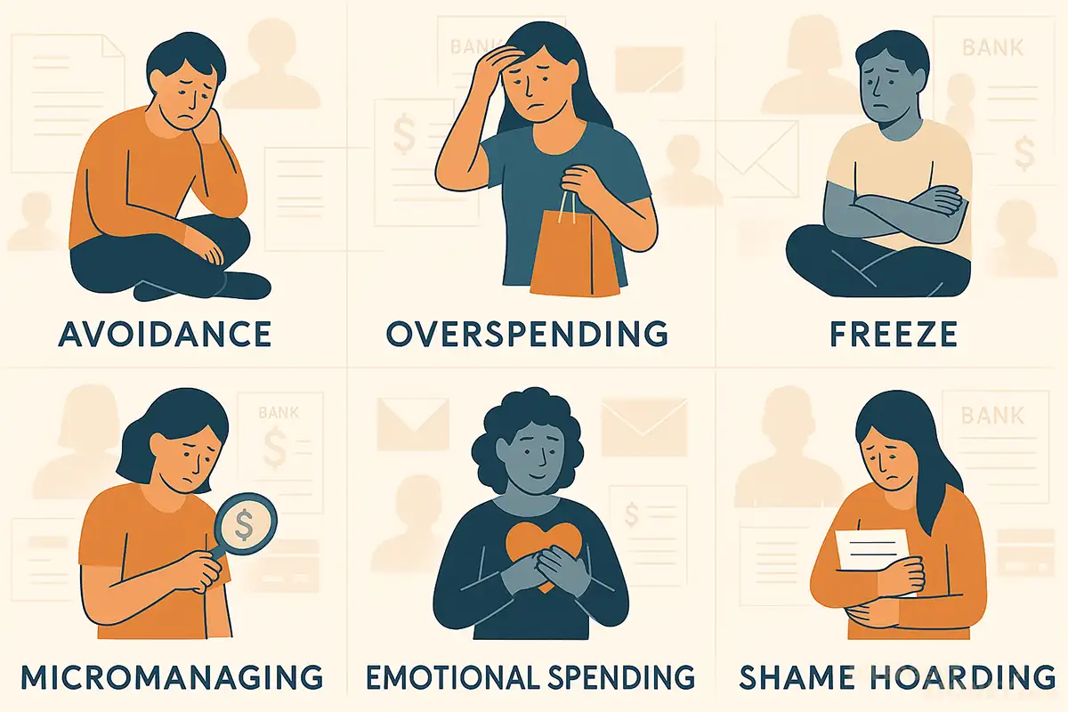 A horizontal infographic of six trauma-based financial behaviors, using simple illustrations and ND-friendly design.