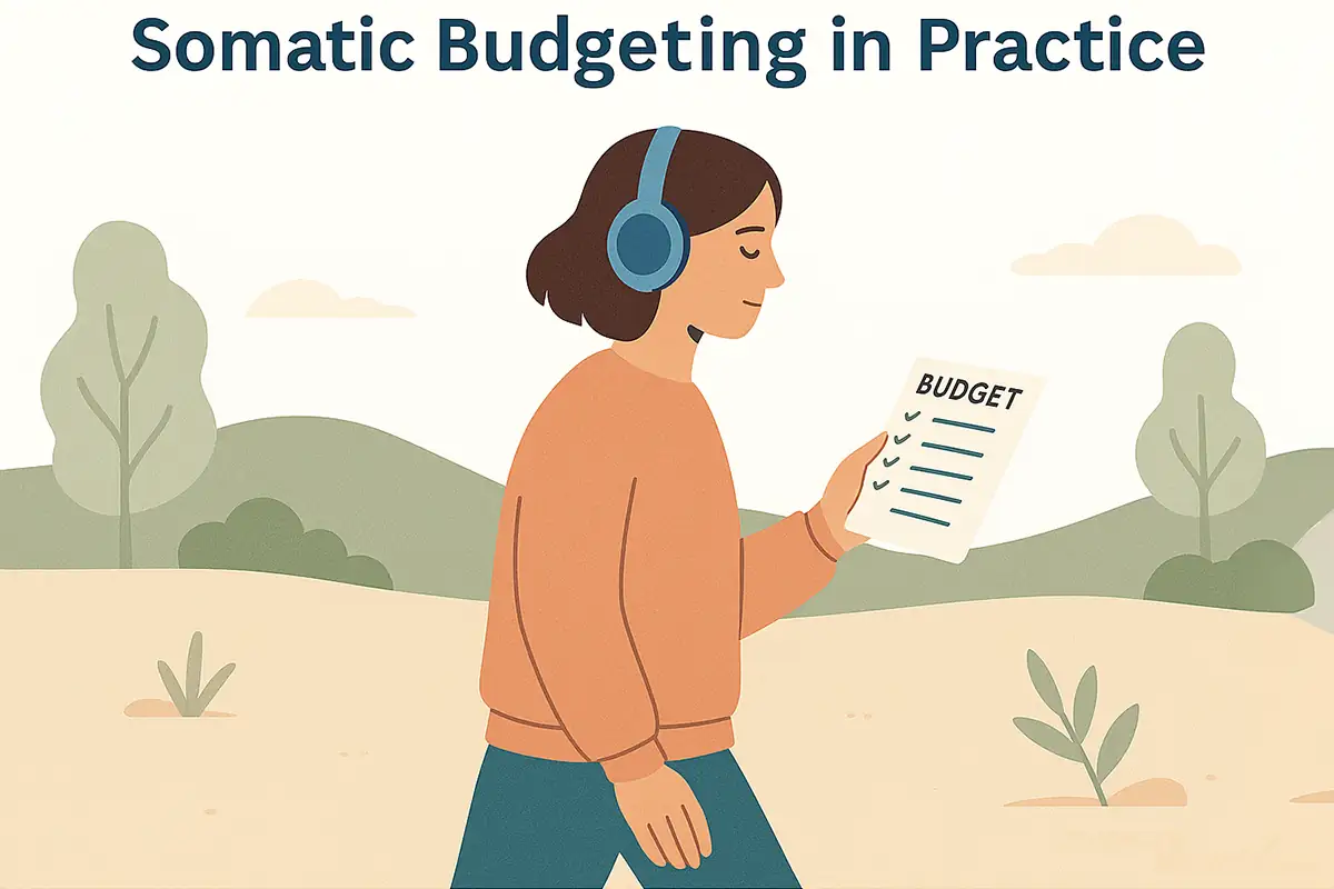 A person calmly engages with their finances using trauma-informed, body-friendly methods.
