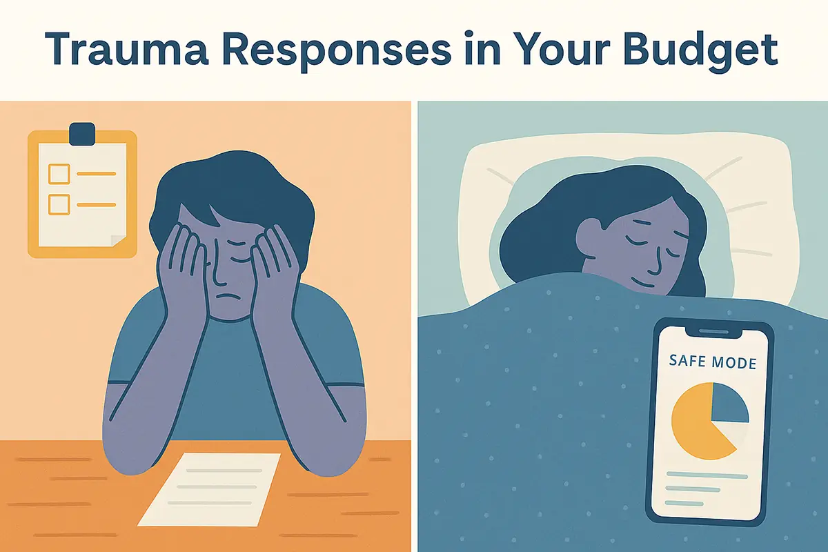 Comparison of two states—financial shutdown and safe budgeting mode—for someone with trauma.