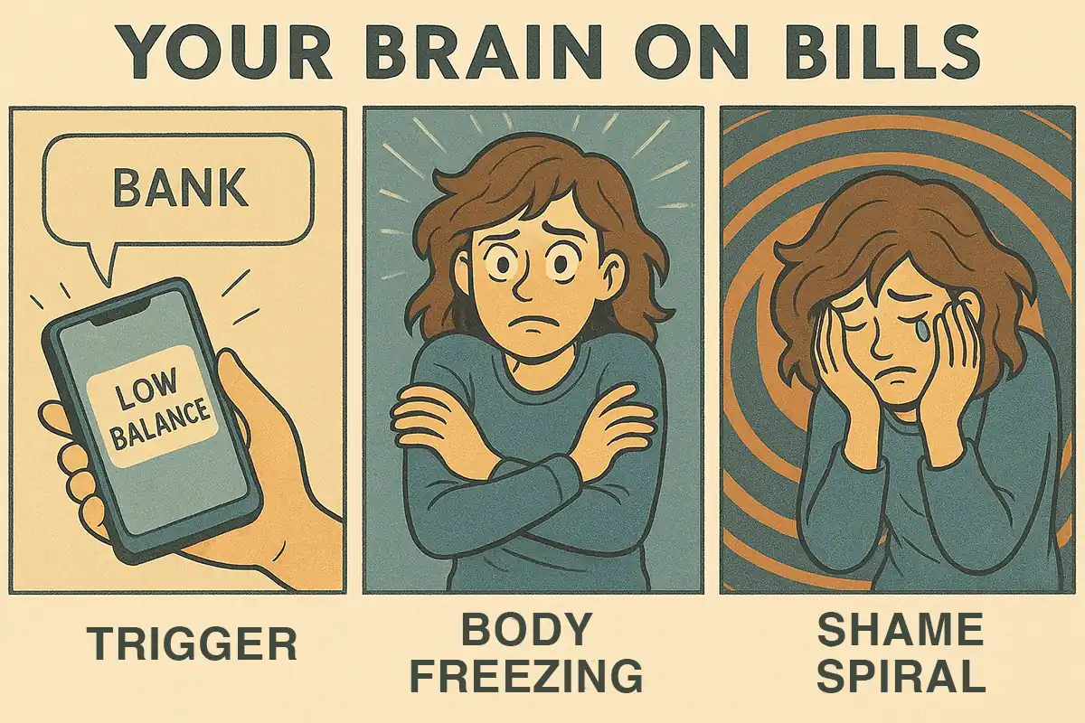 A comic-style illustration showing trauma-triggered reactions to everyday financial stimuli.