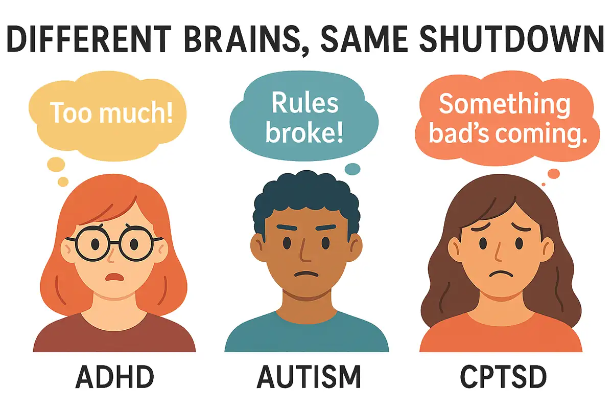 Illustrations of ADHD, autistic, and CPTSD thought patterns during money stress.