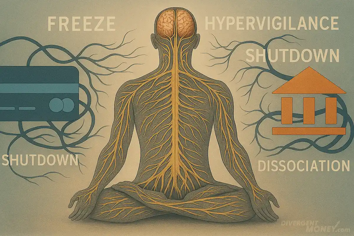 Visualization of how trauma physically entangles with financial systems in the nervous system.