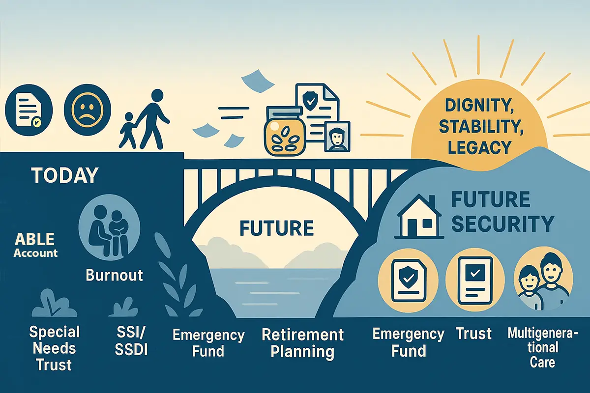 An illustration of a bridge between today's difficult present and tomorrow's security enabled by careful planning.