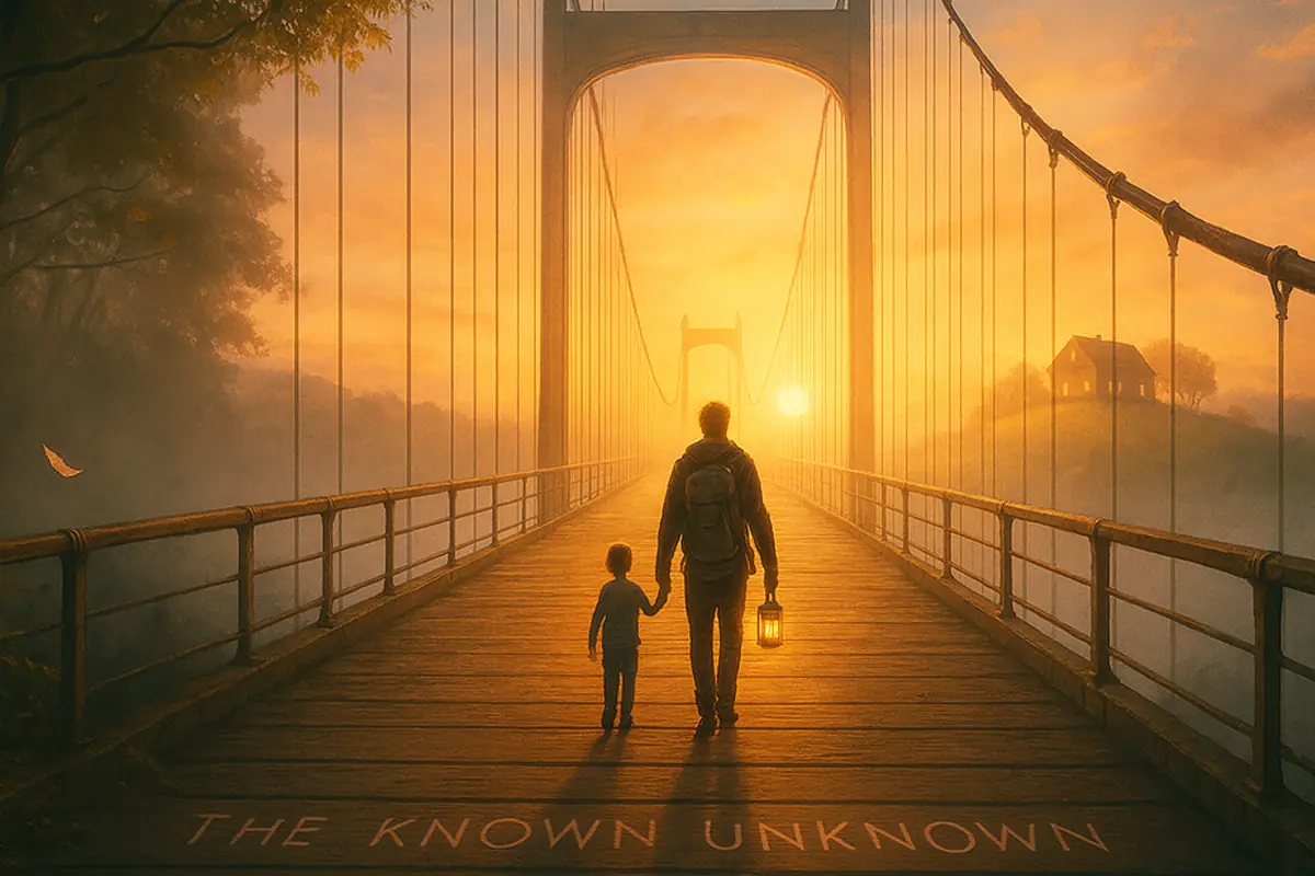 A father and child venturing together across a bridge to an unknown future. The father carries a lantern as the sun is setting.