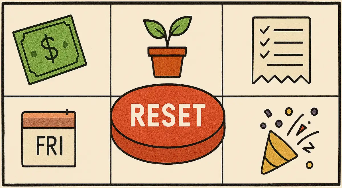ILLUSTRATION OF A 7-DAY CALENDAR WITH HAND-DRAWN SYMBOLS: CASH, PLANT, CHECKLIST, RECEIPT, CONFETTI, WITH A RESET BUTTON IN THE CENTER