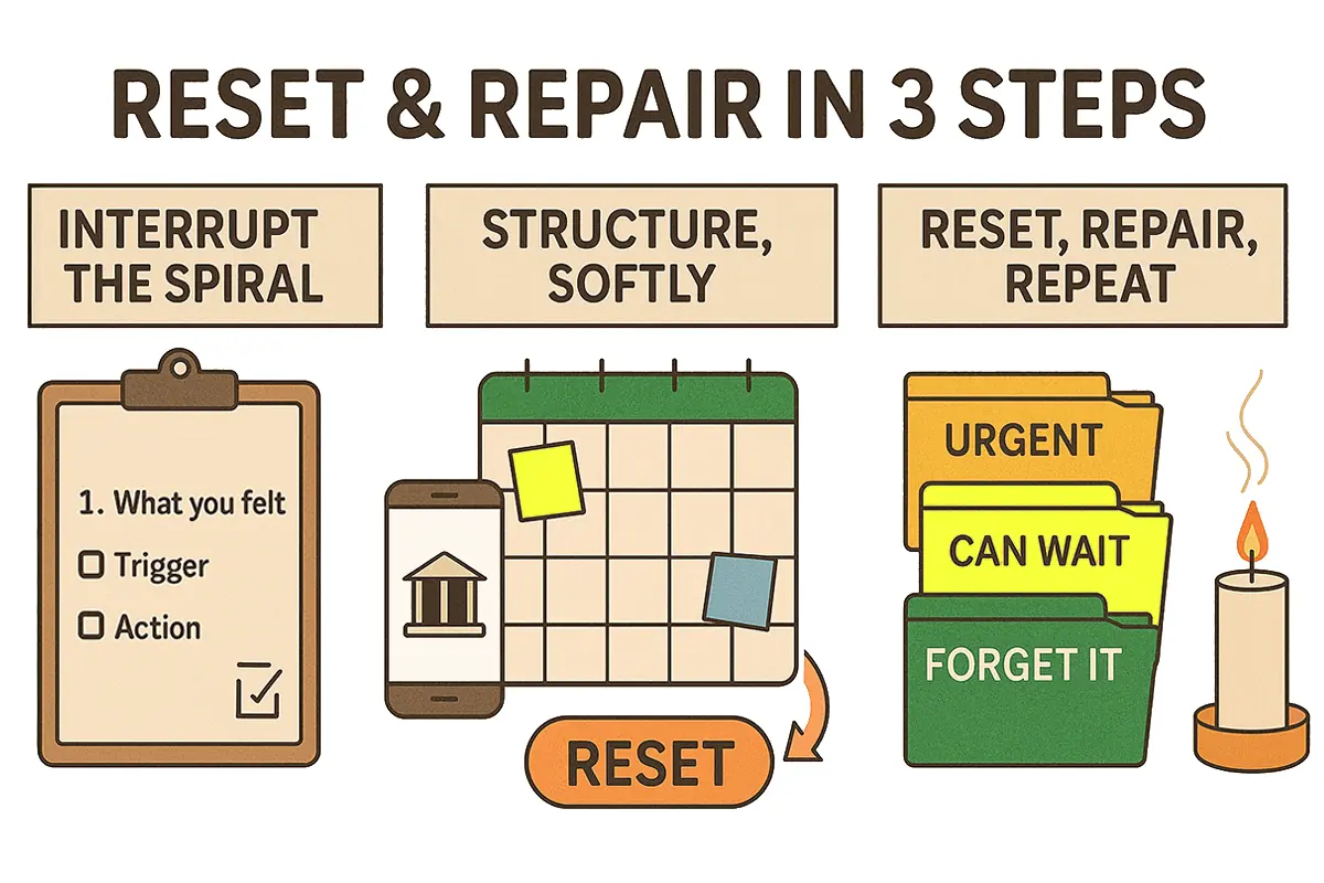 Illustration of Reset & Repair in 3 Steps protocol, 1 - interrupt the spiral, 2 - structure, softly, 3 - reset, repair, repeat.