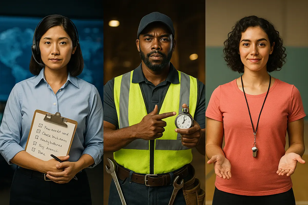 Three ADHD productivity styles shown as people: Mission Control flight director with checklist, Crew Chief construction supervisor holding a stopwatch, and Kind Coach with whistle. Visual metaphor for adapting money management styles to different neurodivergent needs in U.S. personal finance.