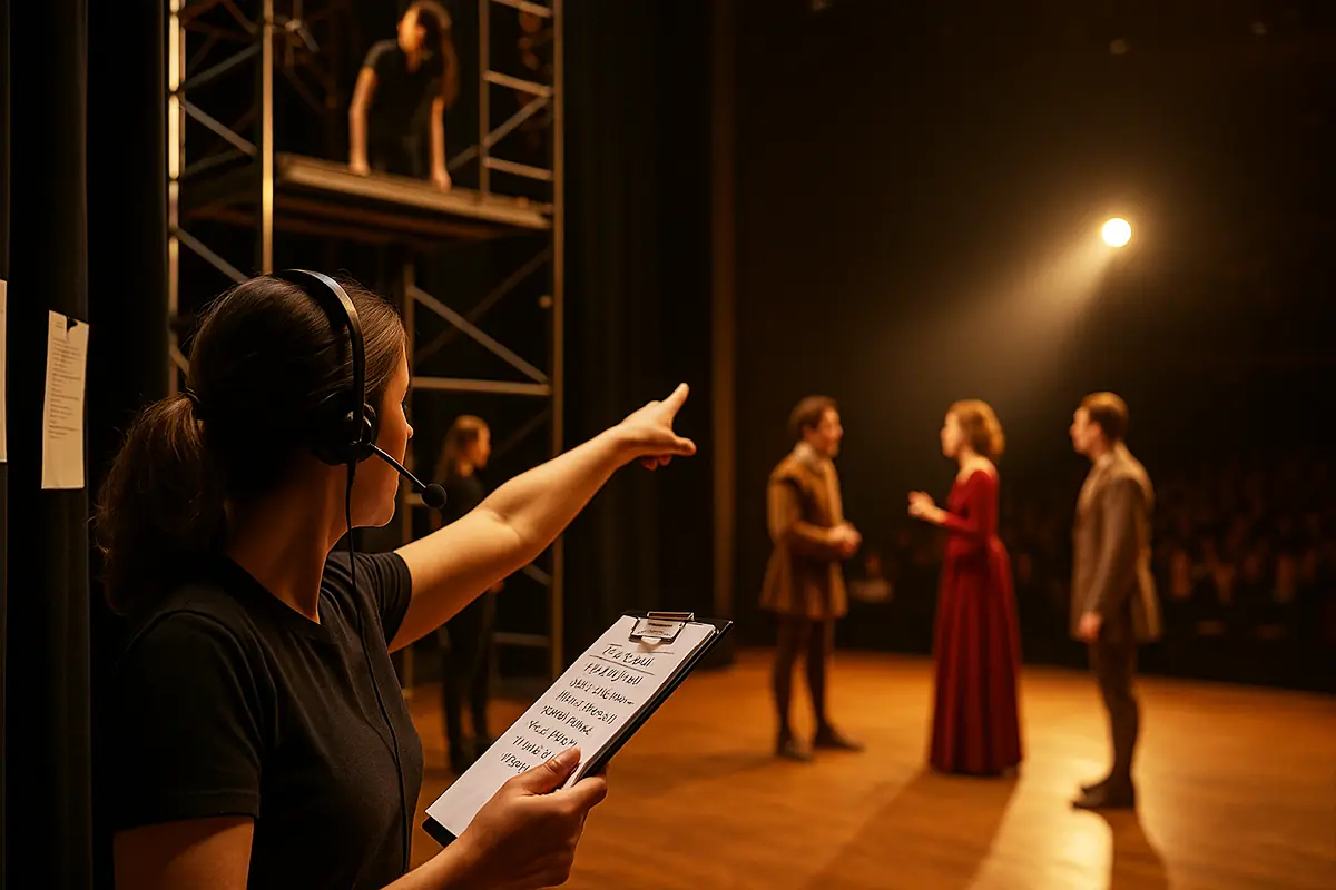 Stage manager in black shirt with clipboard points during a rehearsal on stage, guiding actors. Represents ADHD external structure: clear start, short timed mission, predictable stop, and debrief — a method for handling finances like paying bills or grocery budgeting.